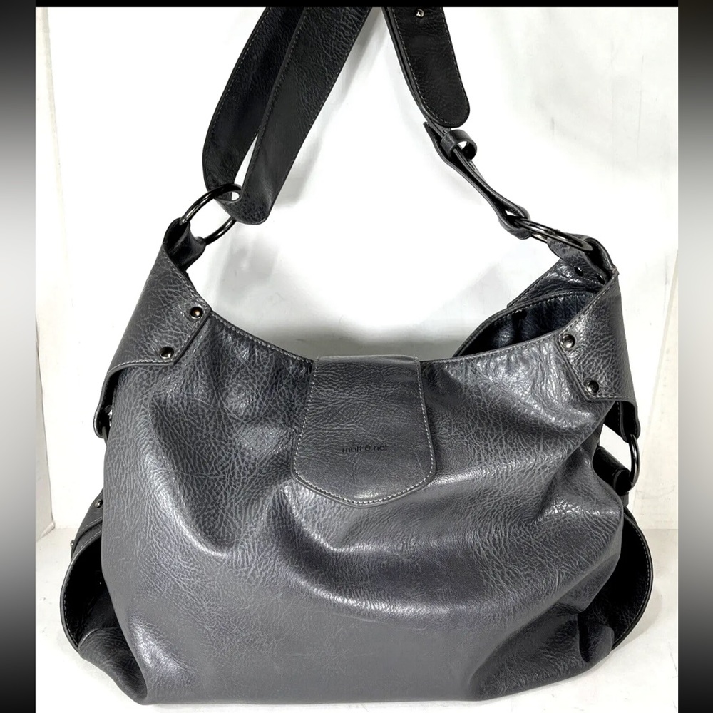 This is for a large gray vegan faux leather shoulder bag, by Matt and Nat!
